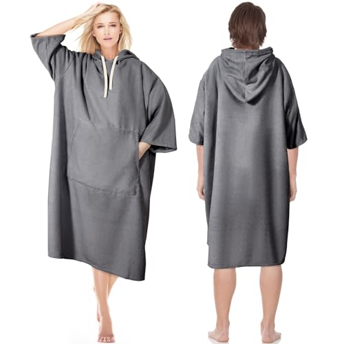 SOMLAW Poncho Albornoz Absorbente Cálido, Bata de Baño con Bolsillo y Capucha, Poncho Surf Ayuda de Cambio de Playa (FR/ES, Letras, Talla única, Regular, Regular, Gris oscuro)