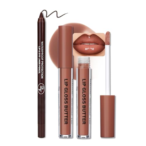 Image of 2PCS Lip Gloss with Brown Lip Liner Lip Combo Set - Caramel Latte Soft Brown Nude Shade for Chic Daily Makeup, Lip Plumping Effect, High Shine Gloss Finish, Overlined Lips for Fuller Looking Lips