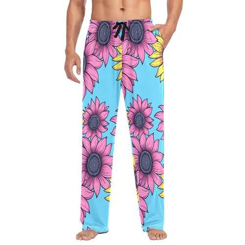 Men's Pajama Bottom Sunflowers Pink Yellow Cotton Pajama Pants Drawstring Sleepwear Long Pants Pockets2