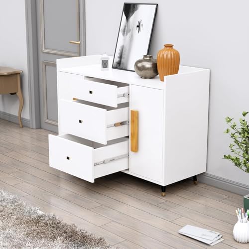 Image of Bniture Wooden Sideboard Cabinet for Living Room | Wooden Storage Cabinet with 2 Door & 3 Drawer | Engineered Wood Multipurpose Cabinet with Spacious Shelves for Home | Frosty White