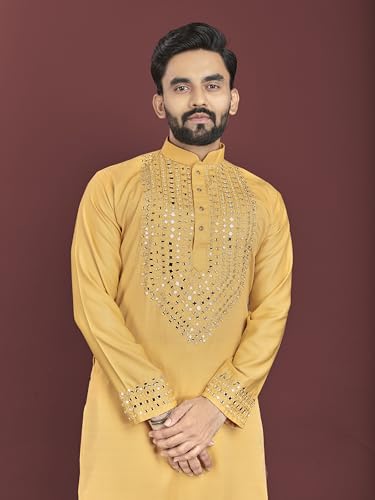 Men's Kurta set mirror work with Pajama for indian festival wedding Soft Silk Ethnic Wear (BB-KN) (Yellow, XX-Large)4