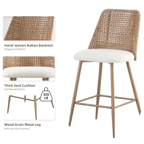 Butacos modernos de altura para barra, juego de 2 unidades, asiento de tela bouclé y respaldo de ratán PE, patas metálicas, color marrón miniatura 5