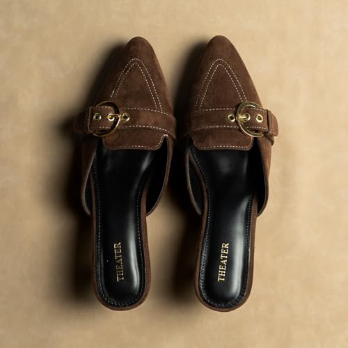 Image of Theater Women Pointed-Toe Mule Heels | Slip-On Kitten Heels with Gold Buckle | Elegant & Comfortable Sandals for Work, Office & Smart Casual Wear
