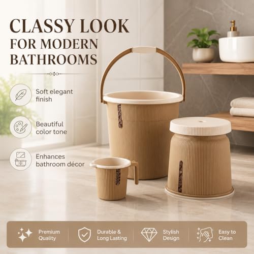 Image of Plastic Bathroom Set with Mug Patla /Stool | Bath Accessory Set (25 Liter Bucket+ 1 Liter Mug+Big Stool) (Light Brown)