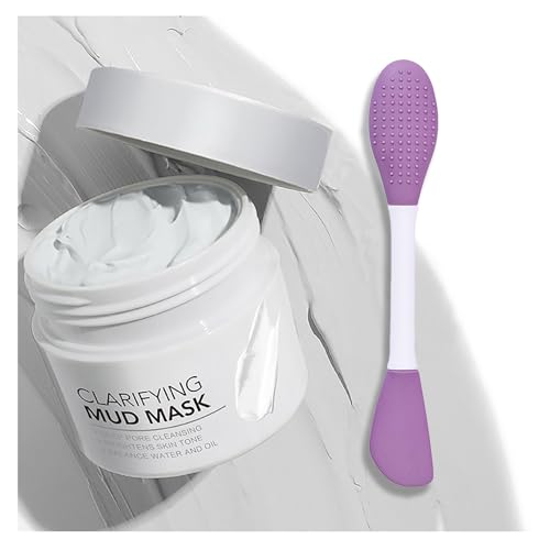Clay Mask, Clarifying Deep Cleansing White Mud Mask - Pore Minimizing Facial Mask with Hyaluronic Acid, for Oily, Dry & Combination Skin, Includes Dual-Ended Silicone Brush (1.76 Oz)