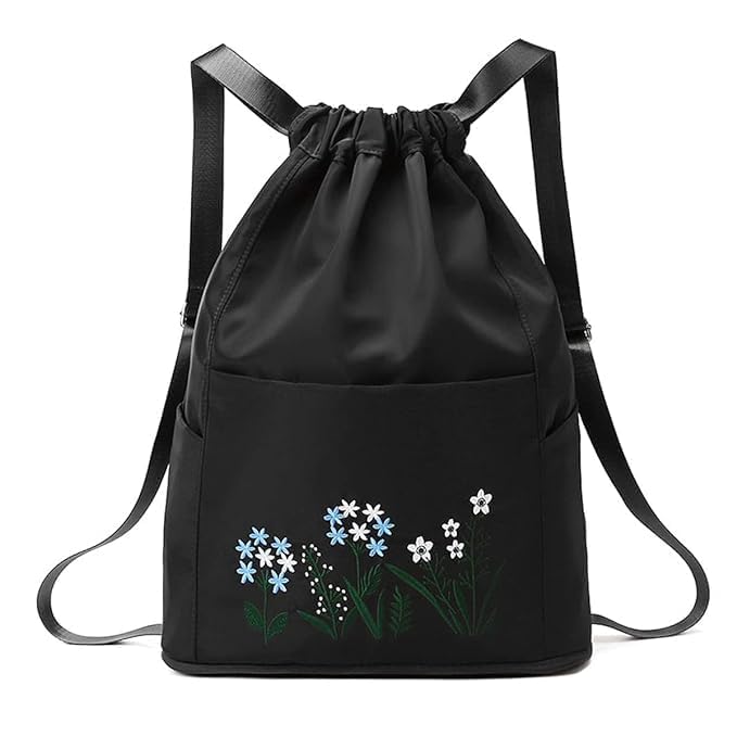 hikanex Unique Foldable Embroidery Flower Print Backpack Travel Drawstring Waterproof Bag Women Outdoor Gym College Back Bag Girl Travel Bag || Dry and Wet Separation || Duffel Bag (Black)-picture-34