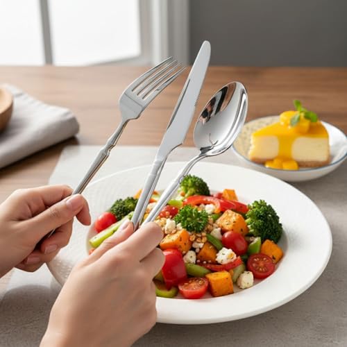 Image of 30 Pcs Silver Cutlery Set for Dining Table the Perfect Lightweight Silim Handle Tableware Including Dinner Spoon, Dinner Fork, Dinner Knife, Dessert Spoon & Dessert Fork