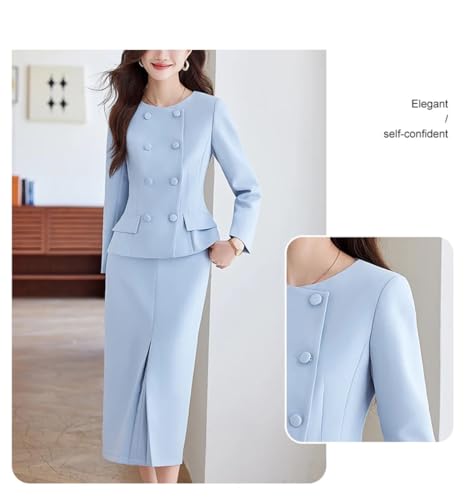 Women's Office Business 2 Pieces Set Long Sleeve Double Breasted Blazer Elegant Slit Midi Skirt3