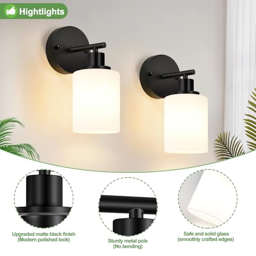 Image of Set of 2 Wall Sconces for Bathroom,Black Modern Vanity Lights with Milky White Frosted Glass Shades,Bathroom Wall Lamp, for Bathroom, for Mirror, Living Room, Kitchen, Hallway, Cabinet, Porch