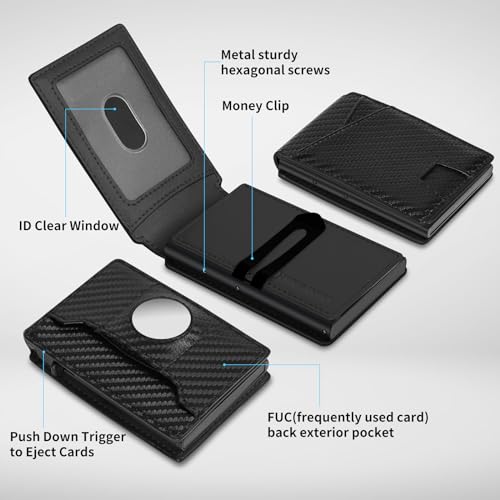 AirTag Wallet for Men,Minimalist Credit Card Clip, RFID Blocking, Pop up Card Cover,Smart Wallet with AirTag Holder, |ID Window|Cash Slot，Carbon Fiber Modern Minimalist Wallet Gift for Men2