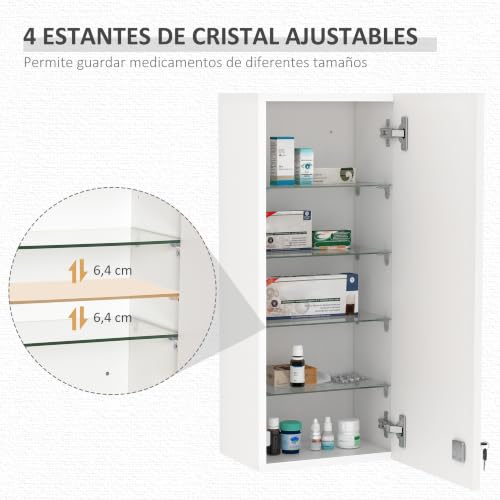 Miniatura 4 de Kleankin Botiquín De Pared De Primeros Auxilios, Botiquín De Medicinas De 5 Niveles Con Estantes Ajustables De Vidrio, Cerradura Y 2 Llaves, Para Baño, Cocina, 30x20x70 Cm, Blanco