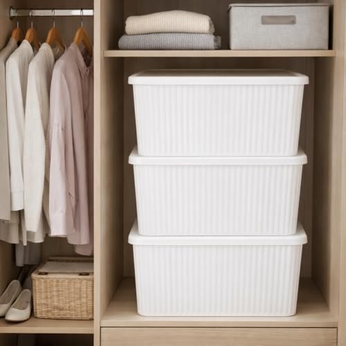 Image of Plastic Storage Box with Lid - Large Stackable Organizer Storage Box for Clothes, Toys, Kitchen - Big Size Plastic Storage Container Basket for Home, Office, Bathroom(Large,Pack of 2,White)