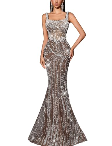 VOUIAO Women's Square Neck Sequin Beaded Mermaid Formal Evening Dress Spaghetti Strap Bodycon Prom Party Cocktail Maxi Gown Coffee Brown L