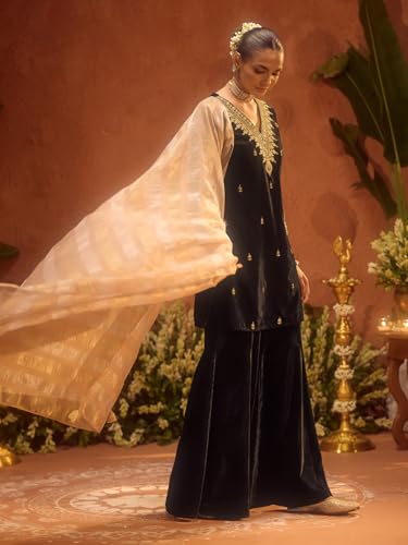 Image of FIORRA Women Black Ice Velvet Embroidered Kurta Set with Dupatta
