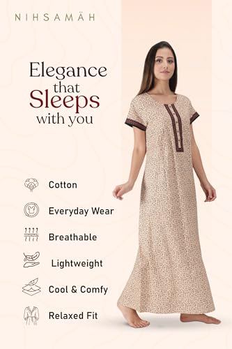 Image of NIHSAMAH Cotton Nighty for Women with Pocket, Premium Printed Long Nighty | Comfortable & Fancy Sleepwear /Nightwear