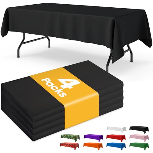 Image of Niuara Black Plastic Table Cloth - 4 Pack 54 inch x 108 inch Rectangle Disposable Tablecloths for 6FT Tables, Table Cover for Party, Holiday & Gathering Use