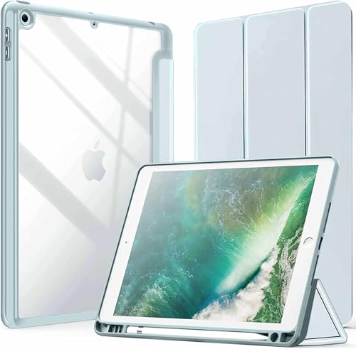 Image of ProElite Smart Flip Case Cover for Apple iPad 9.7 inch 2018 /2017 5th 6th Generation, Clear Soft Back with Pencil Holder, Haze Blue