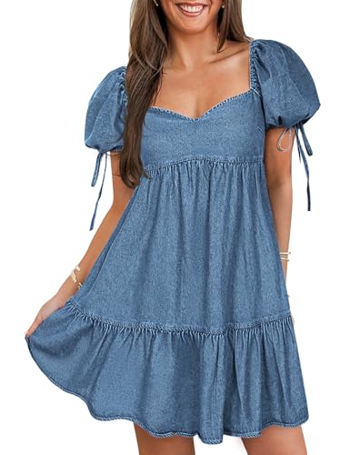 sur sweetheart neck denim mini dress POTILI for Women Puff Short Sleeve Jean Denim Dresses Color:white shantung MANGO Cream High Neck style:Monk Straps Ecoconscience 25 1/2 center front