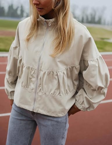 Watashi Women Casual Jacket Lightweight Oversized Zip Up Pleated Cropped Bomber Jackets Fall Anorak Coat with Pockets4
