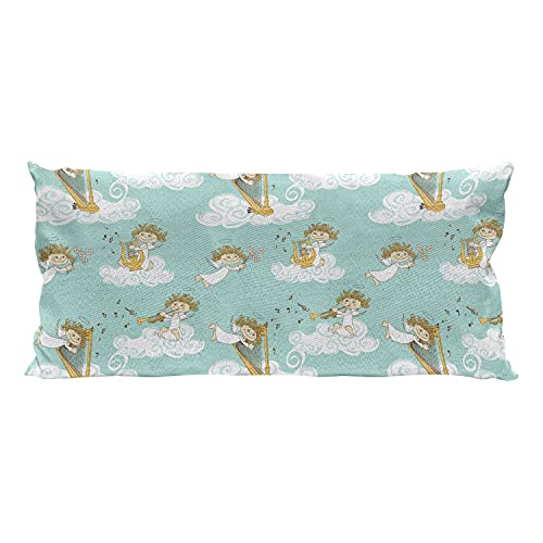 Ambesonne Cartoon Throw Pillow Cushion Cover, Celestial Melody Vibes Wingy Little Ones with Harps Flowers Clouds Print, Decorative Rectangle Accent Pillow Case, 36