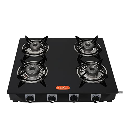 Saffron 4 Burner Castle Black Toughened Glass LPG Cooktop, Manual Ignition Gas Stove with 1 Year Warranty (ISI Approved)