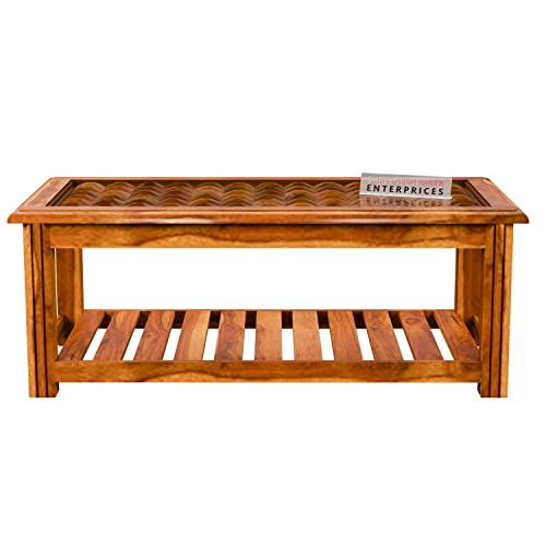 Image of Sheesham Wooden Centre Table with Storage Shelf for Living Room with Glass Top - Solid Wooden Coffee Table | Teapoy Tea Table Sofa Table & Center Table with Storage (Design 5)