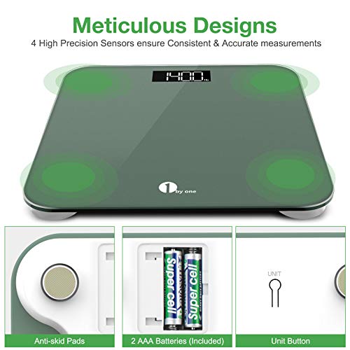 1byone Digital Scales for Body Weight Bathroom Scale with Accuracy, LED Display, 400 lbs Capacity,Tape Measure and Batteries Included, Green