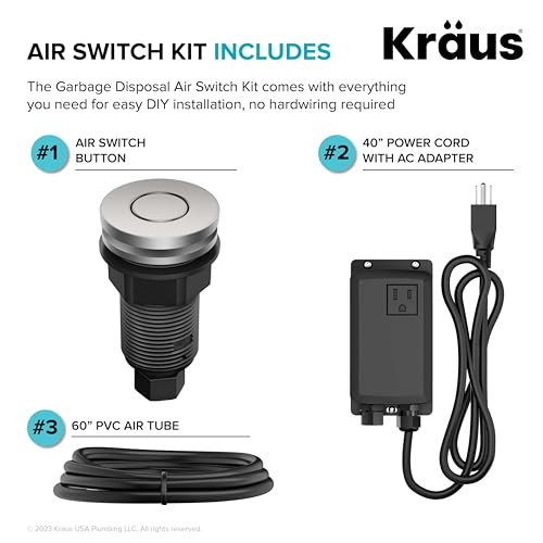 Image of KRAUS Garbage Disposal Air Switch Kit in Spot-Free Stainless Steel with Push Button, AC Adapter, Power Cord, and Air Tube Included, KWDA-200SFS
