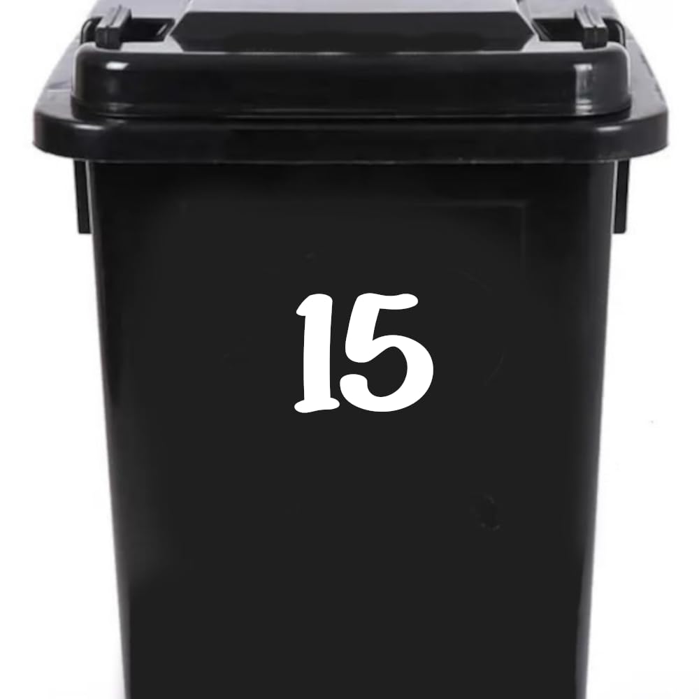 Pack of 4 House Number Wheelie Bin Stickers - Waterproof Decals - Easy-to-Apply - Recycling Boxes - Party Decorations (15)
