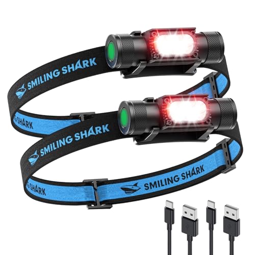 Smiling Shark AX-01 LEDヘッドライト【超高輝度・強力マグネット３Way・独立赤色光3段階】釣りヘッドランプ 1150ルーメン 180°照射角度 充電式 2600mAh 長持ち IP66防水 アルミ 超軽量 収納ボックス付き 多機能 ネックライト ワークライト アウトドア 釣り アジング エギング キャンプ・登山・作業・防災用 日本語取扱説明書 (二個入り)