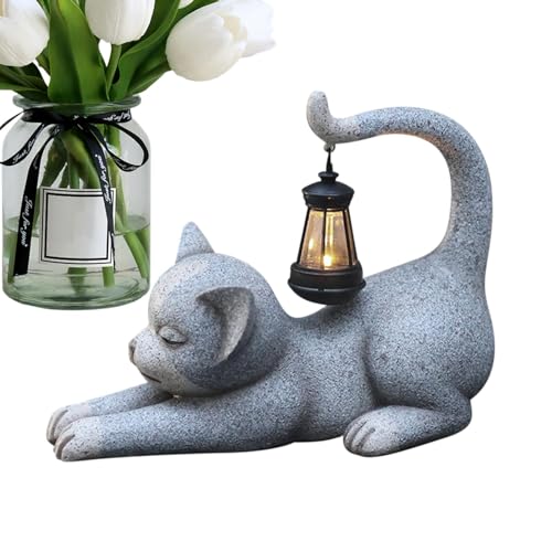 Luz Solar de Gato de jardín – Decoración de Gato de jardín con Luces solares | Figura de Animal de Resina con Linterna Solar para decoración de Patio Exterior