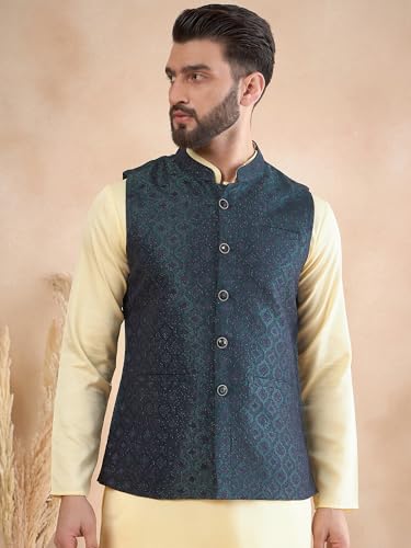 Image of Amazon Brand - Tavasya Mens Woven Design Mandarin Collar Nehru Jackets | Sleeveless Jacket | Ethnic Wear