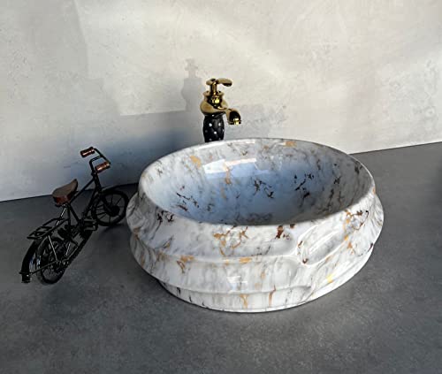 Image of Designer Glossy Finish Ceramic Art Table Top Wash Basin For Bathroom | Collapsible Countertop Washbasin (Black White Glossy Art, 16 x 13 x 6 Inch)