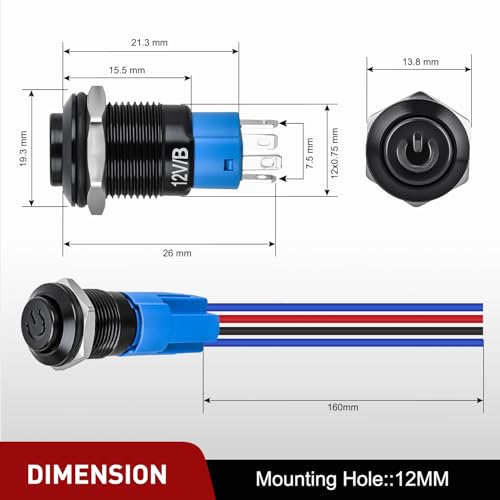Image of Nilight 12mm Latching Push Button Switch 6pcs LED Blue Waterproof