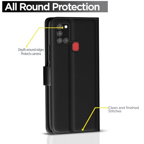 Image of Pikkme Samsung Galaxy A21s Flip Case Leather Finish | Inside TPU with Card Pockets | Wallet Stand and Shock Proof | Magnetic Closing | Complete Protection Flip Cover for Samsung Galaxy A21s (Black)