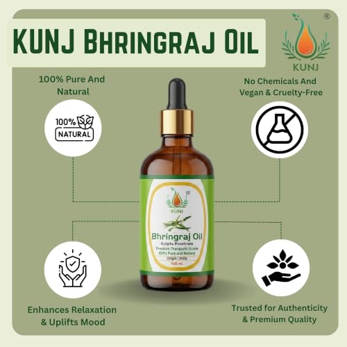 Image of KUNJ Bhringraj Oil for Hair Growth & Hair Fall Control 100ml | 100% Pure Ayurvedic Bhringraj Oil (Eclipta Prostrata) | Strong Roots, Scalp Nourishment & Dandruff Care | Natural Hair Care Oil
