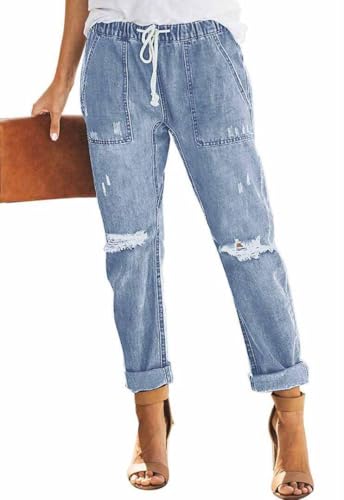 Alaster Queen Jeans Damen Baggy Lässig Jeanshose Stretch Jean Zerrissen Jeans Für Damen Himmelblau XXL