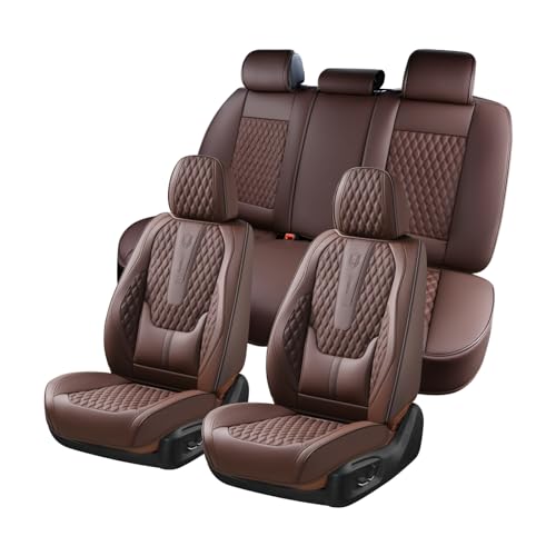 Coverado Car Seat Covers Full Set, 5 Seat Leather Seat Covers for Cars, Car Seat Protector with Lumbar Support, Waterproof Seat Covers Universal Fit for Most Cars SUV Trucks (Coffee)