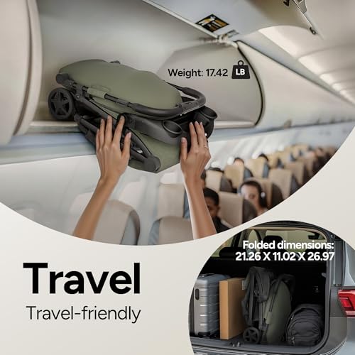 Mompush Lithe V2 Lightweight Travel Stroller, Compact Foldable Baby Stroller with Travel Bag, One-Hand Fold Stroller, Snack Tray, Mechanical Recline Seat, Airplane-Ready, UPF 50+ Canopy & Rain Cover