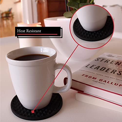 Barvivo Silicone Coasters For Drinks With Holder Set Of 8 - Cup Coasters For Indoor & Outdoor - Durable Rubber Coasters For Tabletop Protection - Wine Accessories Ideal As Valentines Day Gifts - Black #TOP4