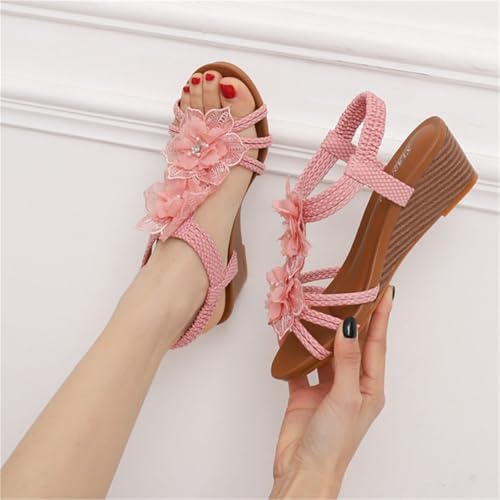 Wedge Sandals for Women, Casual Platform Lace Flower T-Barelastic Ankle Open Toe Boho Wedge Sandals, Comfortable Non-slip Shoes, for Family, Travel, Beach, Meeting, Shopping, Leisure4