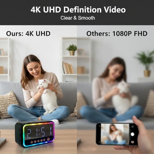 Image of ULar 4K Camera Wireless Clock USB-Powered Picture Taking Cam-Motion Detection Pet Monitors for Home Indoor Security Cameras Support App Remote Colorful Alarm Clock - No Audio