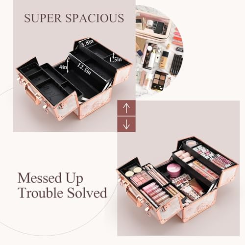 Joligrace Makeup Case Rose Gold Beauty Cosmetic Box - 13.5 Inch Large Portable Lockable Makeup Organizer Gift for Women with 4 Spacious Trays & Shoulder Strap - Marble Rose