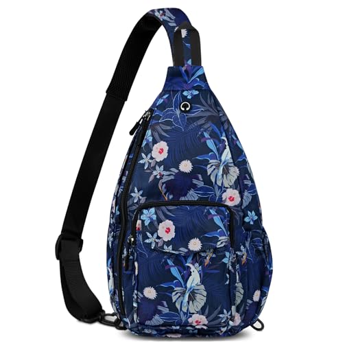 Duryarhall Sling Bag for Women Crossbody Chest Bag Convertible from Left to Right, Water Repellent Gym Backpack, Anit Theft, Purple Leaf Pink Flower