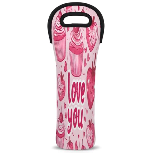 Cartoon Strawberry Cake Single Bottle Wine Bag Insulated Neoprene Wine Bottle Bag Travel Tote with Handles Wine Gifts Carrier for Wedding Picnic Parties