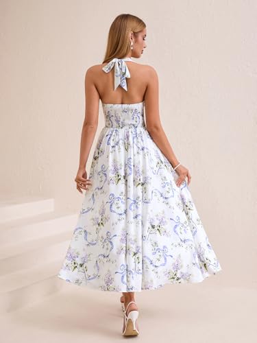 Image of Parthea Women's Gingham Halter V Neck Midi Dress Corset Smocked Sundress Flowy A Line Wedding Guest Dresses