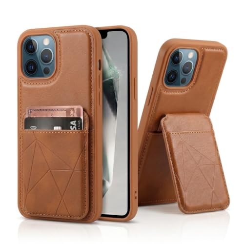 Image of amazon basics Premium Vegan Leather Back Cover with Card Holder and Integrated Mobile Stand for iPhone 12 Pro Max - Slim Shockproof Wallet Case with Geometric Stitching [Tan]