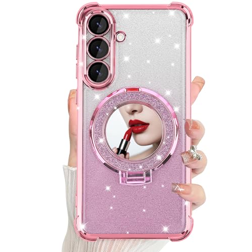 Coque Samsung S25 FE 5G antichoc paillettes rose avec miroir de protection rigide 2025