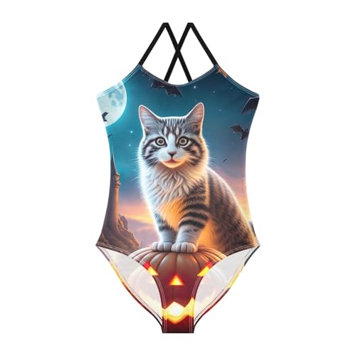 Cat Pumpkins Girls One Piece Swimsuit, Quick Dry Crossback Little Girls Bathing Suit for Beach 3T