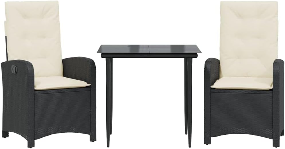 vidaXL 3 Piece Patio Dining Set with Cushions - Black Poly Rattan, Adjustable Backrest, Tempered Glass Tabletop